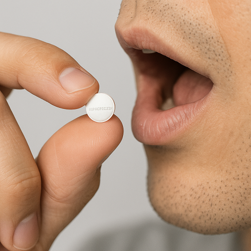 A person holding and taking a Dapagliflozin 10mg tablet in hand